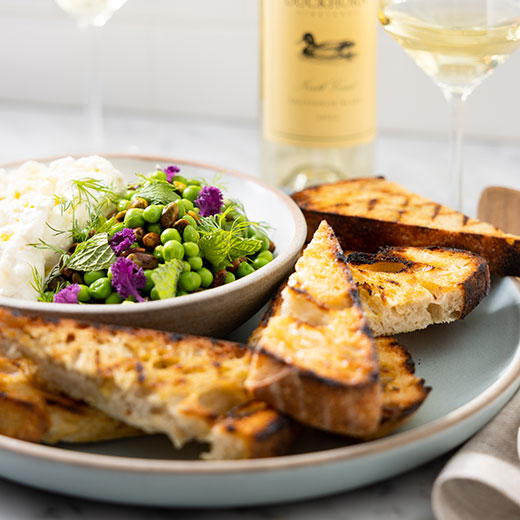 English Peas and Pistachios with Burrata