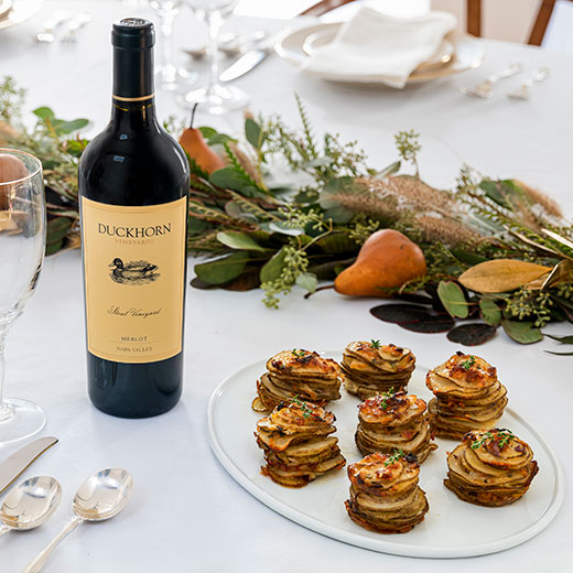 Potato leek and bacon stacks paired with Duckhorn Vineyards Merlot