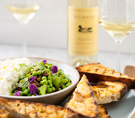 English Peas and Pistachios with Burrata