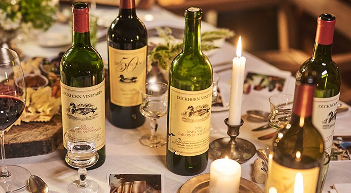 Bottle of Duckhorn Cabernet on a table