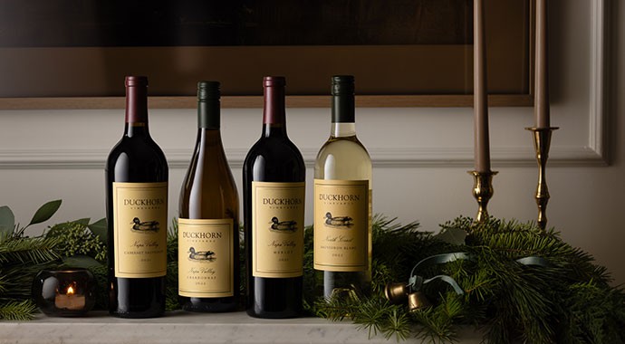 Duckhorn Vineyards wines on a Christmas mantle