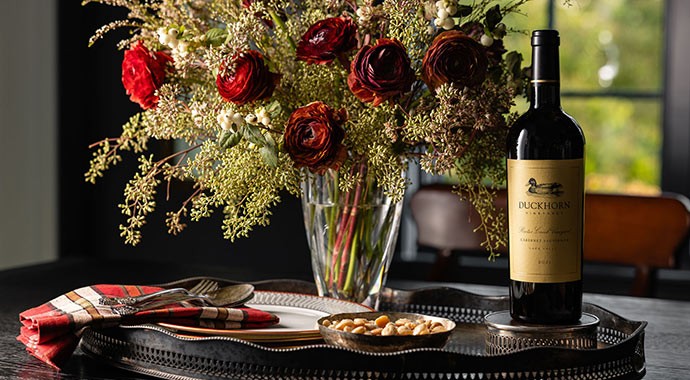 Bottle of Duckhorn Cabernet on a table