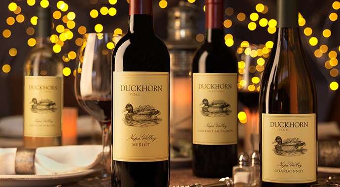 Bottles of Duckhorn holiday themed as corporate gifts