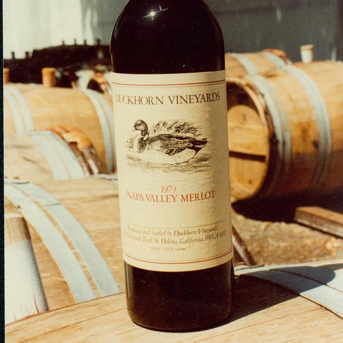 Original bottle of 1979 Duckhorn merlot on barrel