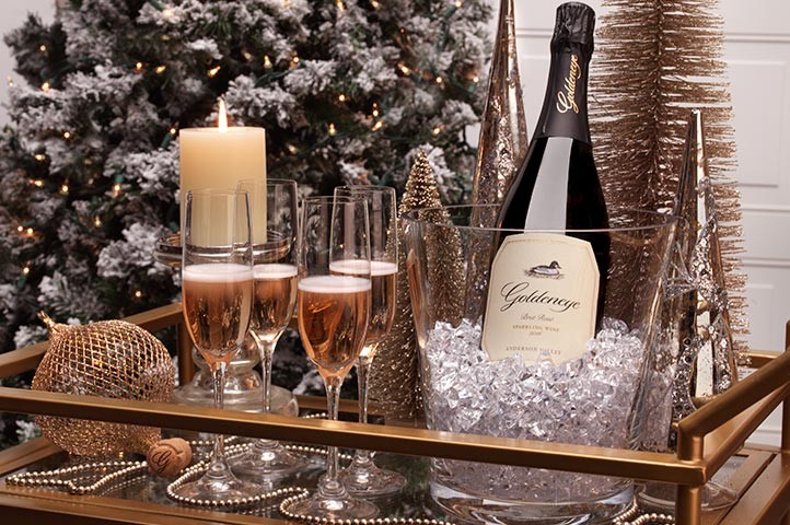 Goldeneye Sparkling on a bar cart for the holidays